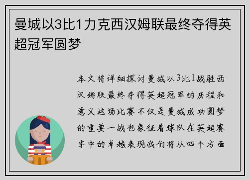 曼城以3比1力克西汉姆联最终夺得英超冠军圆梦